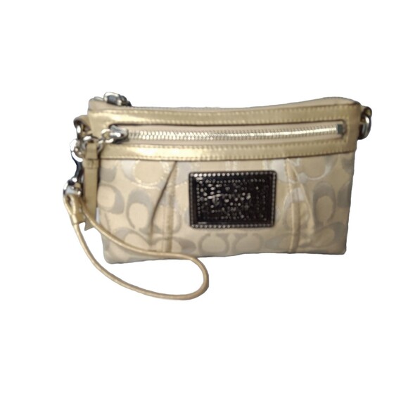 Coach Poppy Tan,~Silver Signature Large Wristlet Small Purse - Picture 1 of 9